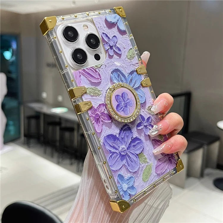 For iPhone 14 Pro Max Case Ring Kickstand Flower Butterfly Pattern TPU+PC Phone Cover