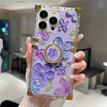 For iPhone 14 Pro Max Case Ring Kickstand Flower Butterfly Pattern TPU+PC Phone Cover