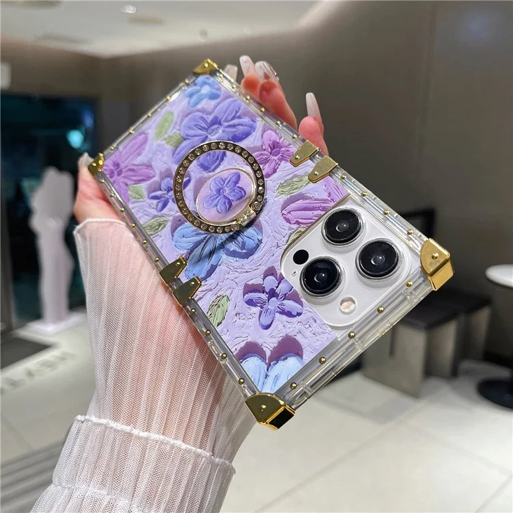 For iPhone 14 Pro Max Case Ring Kickstand Flower Butterfly Pattern TPU+PC Phone Cover