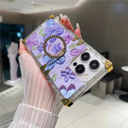 For iPhone 14 Pro Max Case Ring Kickstand Flower Butterfly Pattern TPU+PC Phone Cover