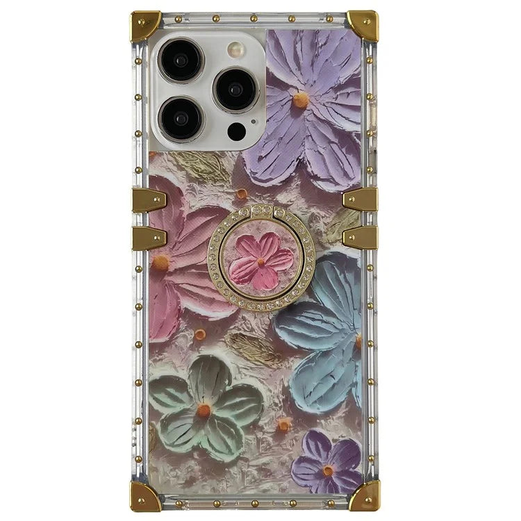 For iPhone 14 Pro Max Case Ring Kickstand Flower Butterfly Pattern TPU+PC Phone Cover