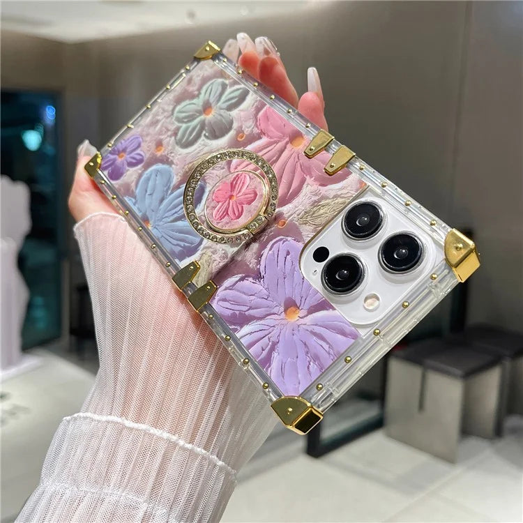 For iPhone 14 Pro Max Case Ring Kickstand Flower Butterfly Pattern TPU+PC Phone Cover