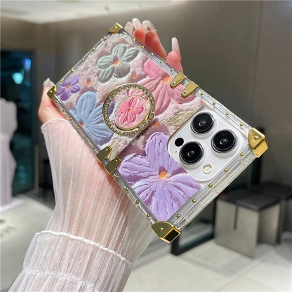 For iPhone 14 Pro Max Case Ring Kickstand Flower Butterfly Pattern TPU+PC Phone Cover