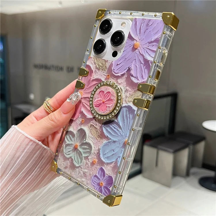 For iPhone 14 Pro Max Case Ring Kickstand Flower Butterfly Pattern TPU+PC Phone Cover