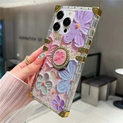 For iPhone 14 Pro Max Case Ring Kickstand Flower Butterfly Pattern TPU+PC Phone Cover