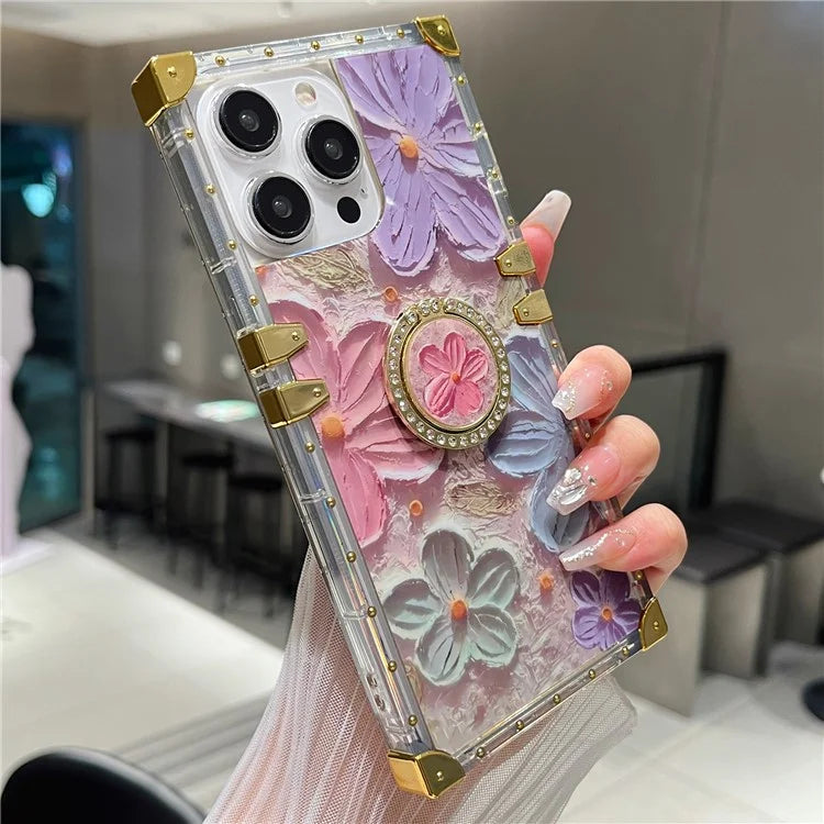 For iPhone 14 Pro Max Case Ring Kickstand Flower Butterfly Pattern TPU+PC Phone Cover