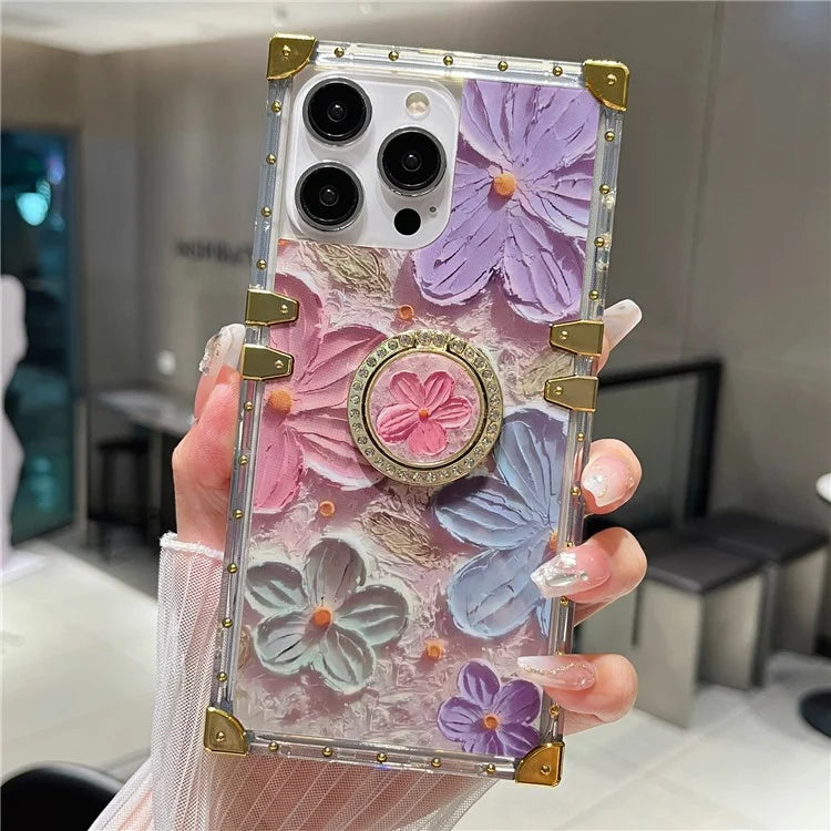For iPhone 14 Pro Max Case Ring Kickstand Flower Butterfly Pattern TPU+PC Phone Cover