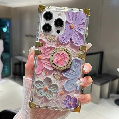 For iPhone 14 Pro Max Case Ring Kickstand Flower Butterfly Pattern TPU+PC Phone Cover