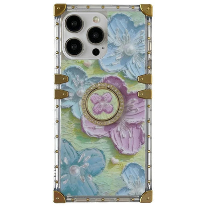 For iPhone 14 Pro Max Case Ring Kickstand Flower Butterfly Pattern TPU+PC Phone Cover  /  Blue