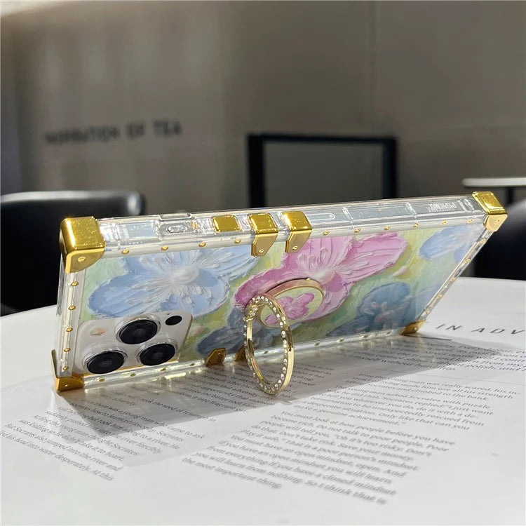 For iPhone 14 Pro Max Case Ring Kickstand Flower Butterfly Pattern TPU+PC Phone Cover  /  Blue