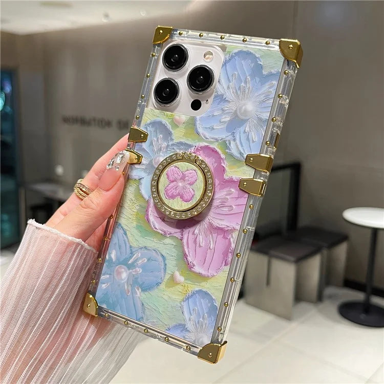 For iPhone 14 Pro Max Case Ring Kickstand Flower Butterfly Pattern TPU+PC Phone Cover  /  Blue