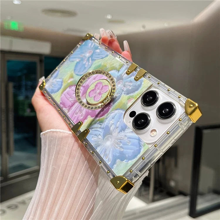 For iPhone 14 Pro Max Case Ring Kickstand Flower Butterfly Pattern TPU+PC Phone Cover  /  Blue