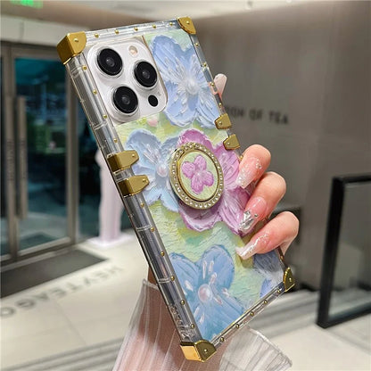 For iPhone 14 Pro Max Case Ring Kickstand Flower Butterfly Pattern TPU+PC Phone Cover  /  Blue
