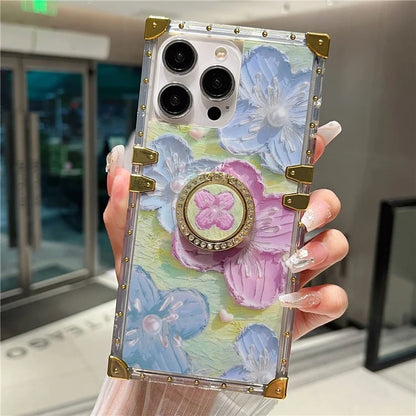 For iPhone 14 Pro Max Case Ring Kickstand Flower Butterfly Pattern TPU+PC Phone Cover  /  Blue