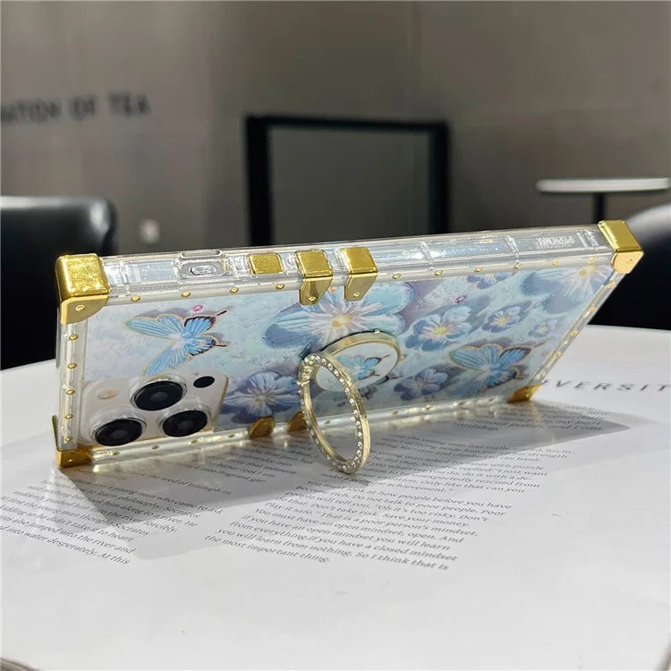 For iPhone 15 Pro Max Flower Butterfly Pattern TPU+PC Phone Cover with Ring Kickstand