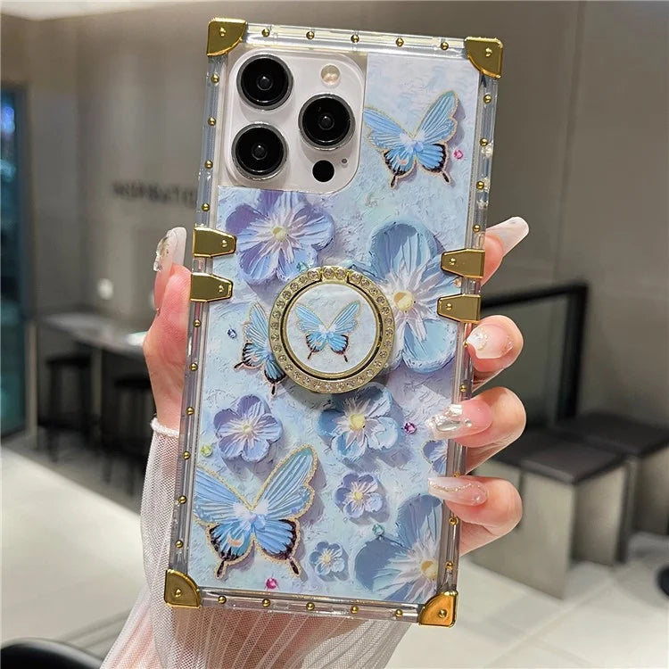 For iPhone 15 Pro Max Flower Butterfly Pattern TPU+PC Phone Cover with Ring Kickstand
