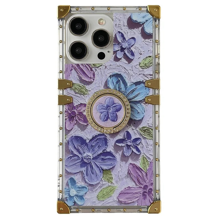 For iPhone 14 Pro Metal Corners Ring Kickstand Flower Butterfly Pattern TPU+PC Phone Cover