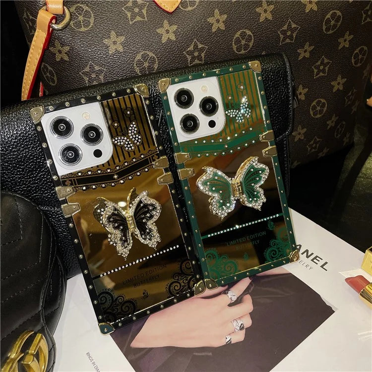 For iPhone 14 Pro Max Electroplated Cover TPU+PC Drop-Proof Phone Case with Butterfly Kickstandish Green