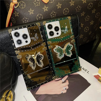 For iPhone 14 Pro Max Electroplated Cover TPU+PC Drop-Proof Phone Case with Butterfly Kickstandish Green
