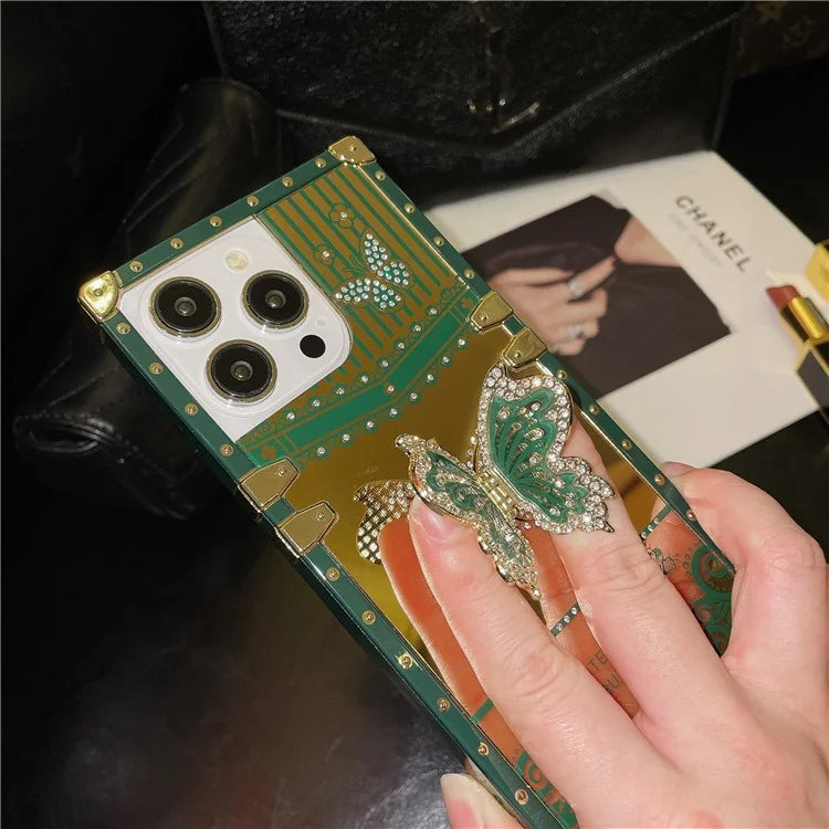 For iPhone 15 Pro Max TPU+PC Cover Electroplated Phone Case with Butterfly Kickstandish Green