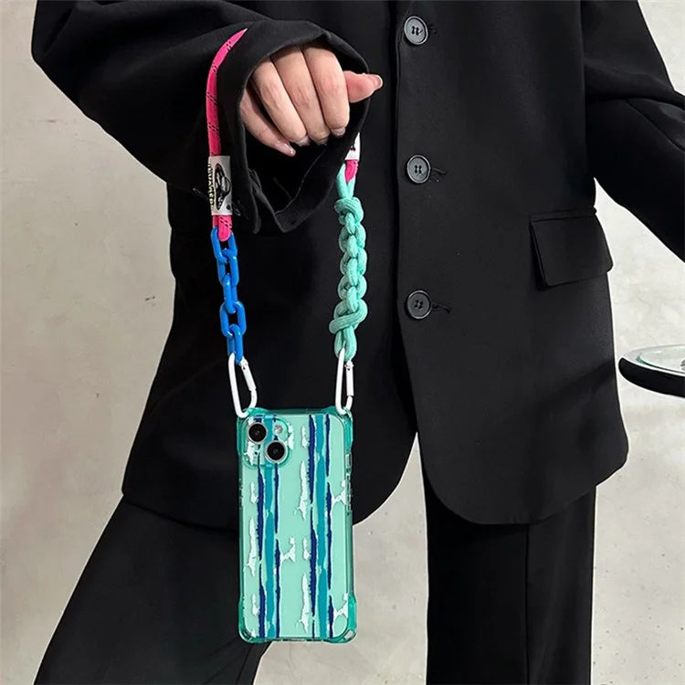TPU Phone Cover for iPhone 14 Cases Pattern Design Cell Phone Shell with Carrying Strap