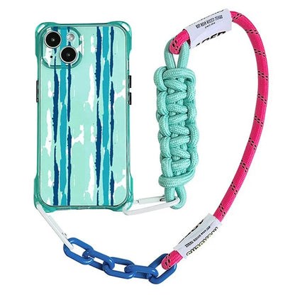 For iPhone 15 Green Shockproof Phone Case Pattern Design TPU Phone Cover with Carrying Strap