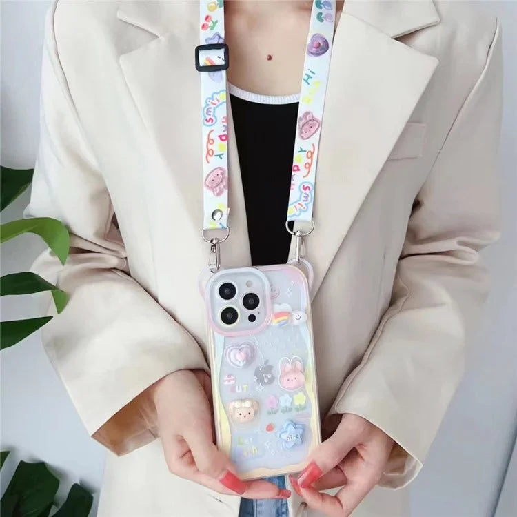 For iPhone 14 Pro Case Floral Bear Pattern Decor PC+TPU Phone Cover with Long Lanyard