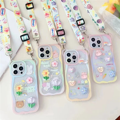 For iPhone 14 Pro Case Floral Bear Pattern Decor PC+TPU Phone Cover with Long Lanyard