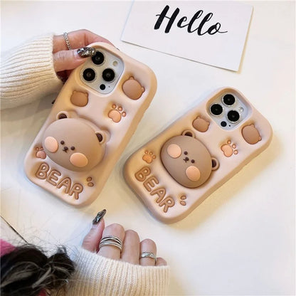 For iPhone 14 Pro Case Bear Head Shaped Kickstand Wholesale Silicone Mobile Phone Cover