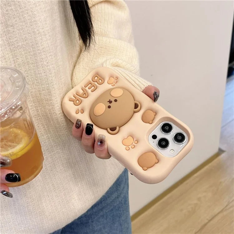 For iPhone 14 Pro Max Shockproof Case Bear Head Shaped Kickstand Wholesale Silicone Mobile Phone Cover