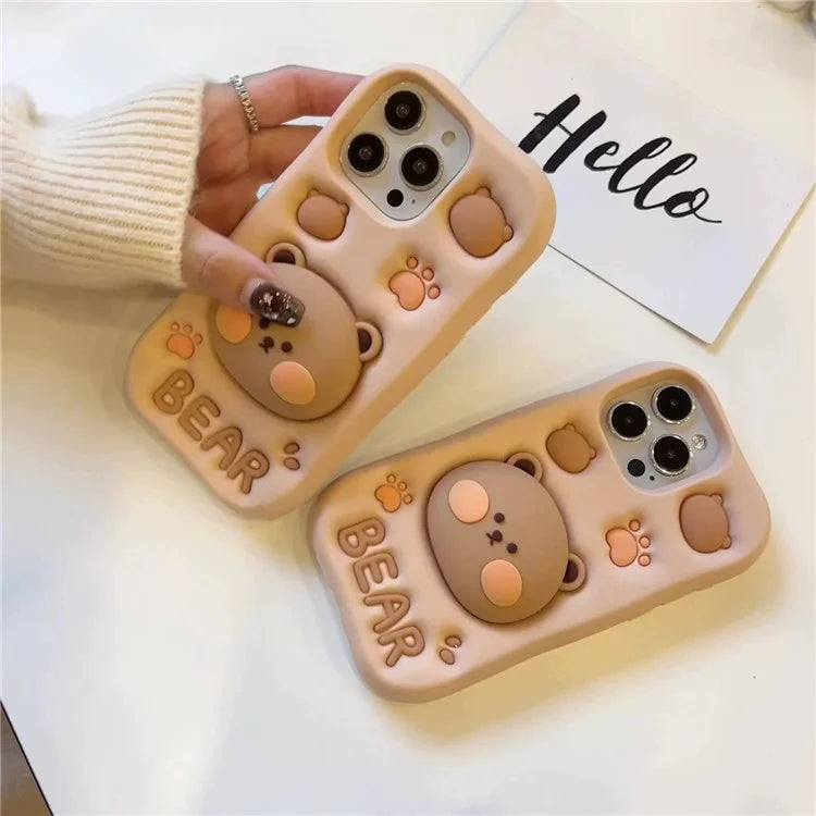For iPhone 14 Pro Max Shockproof Case Bear Head Shaped Kickstand Wholesale Silicone Mobile Phone Cover