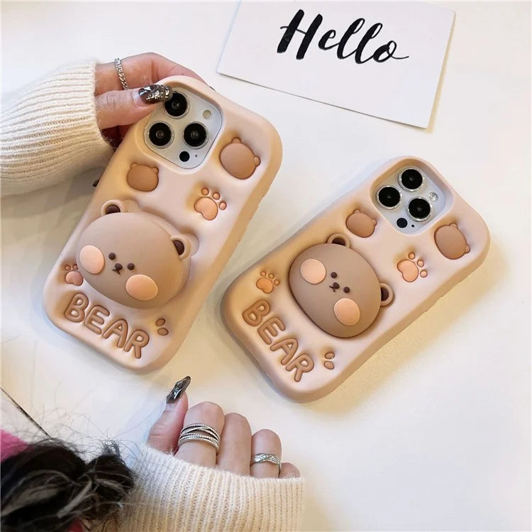 For iPhone 14 Pro Max Shockproof Case Bear Head Shaped Kickstand Wholesale Silicone Mobile Phone Cover