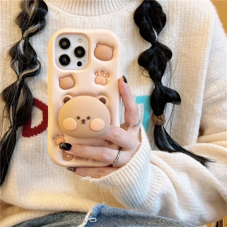 For iPhone 15 Pro Max Case Bear Head Shaped Kickstand Shockproof Silicone Mobile Phone Cover
