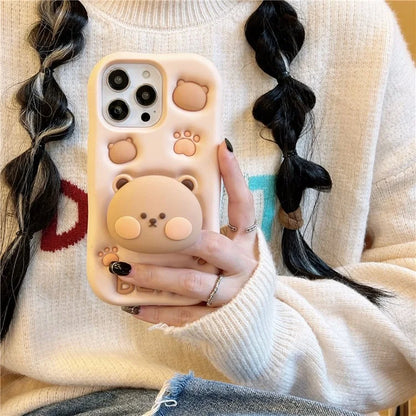 For iPhone 15 Pro Max Case Bear Head Shaped Kickstand Shockproof Silicone Mobile Phone Cover