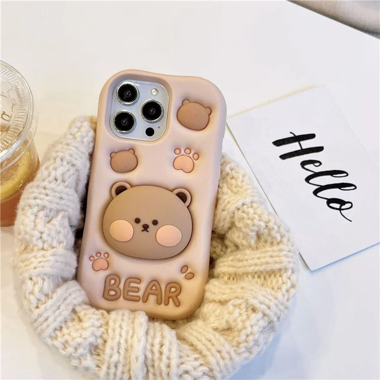 For iPhone 15 Pro Max Case Bear Head Shaped Kickstand Shockproof Silicone Mobile Phone Cover