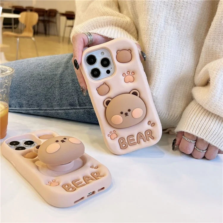 For iPhone 15 Pro Max Case Bear Head Shaped Kickstand Shockproof Silicone Mobile Phone Cover