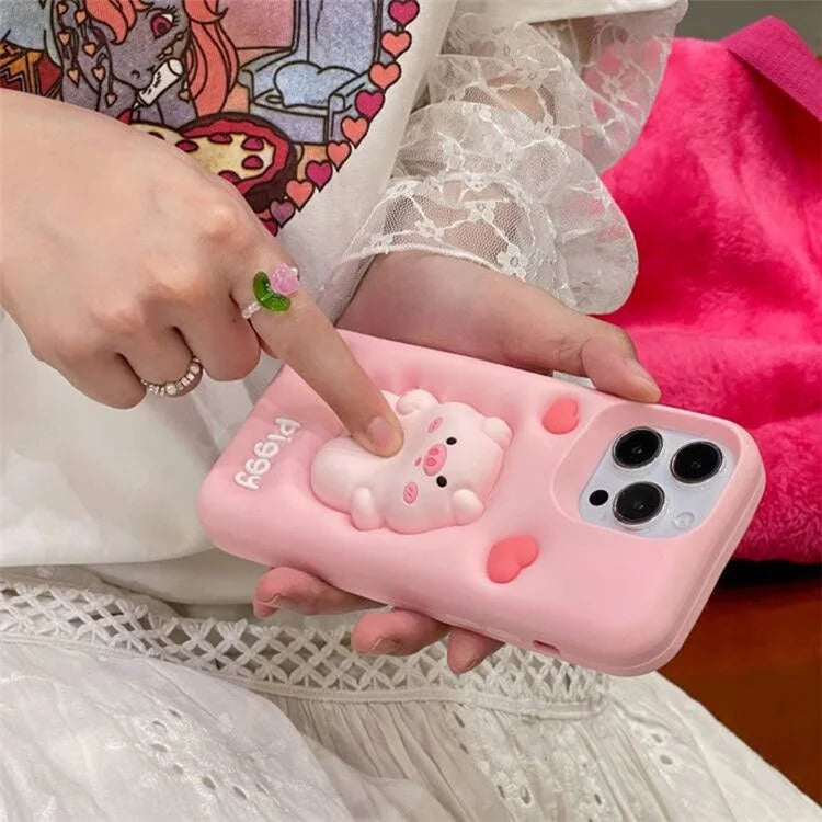 For iPhone 14 Pro Max Back Case Cute Decompression Pig Decor Silicone Phone Cover