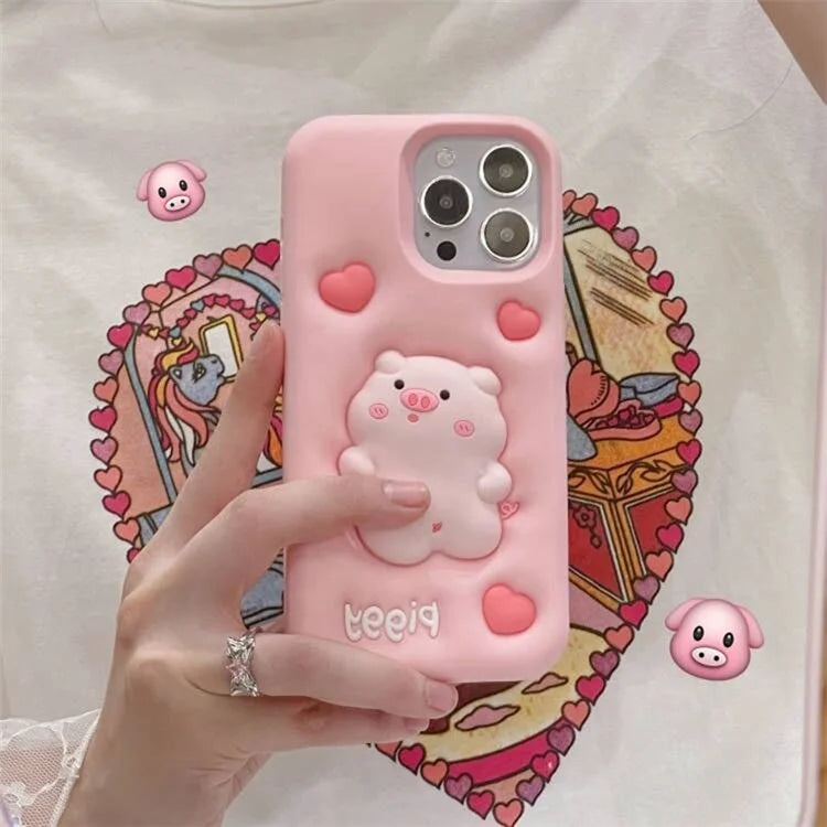 For iPhone 14 Pro Max Back Case Cute Decompression Pig Decor Silicone Phone Cover