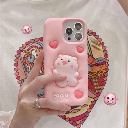 For iPhone 14 Pro Max Back Case Cute Decompression Pig Decor Silicone Phone Cover