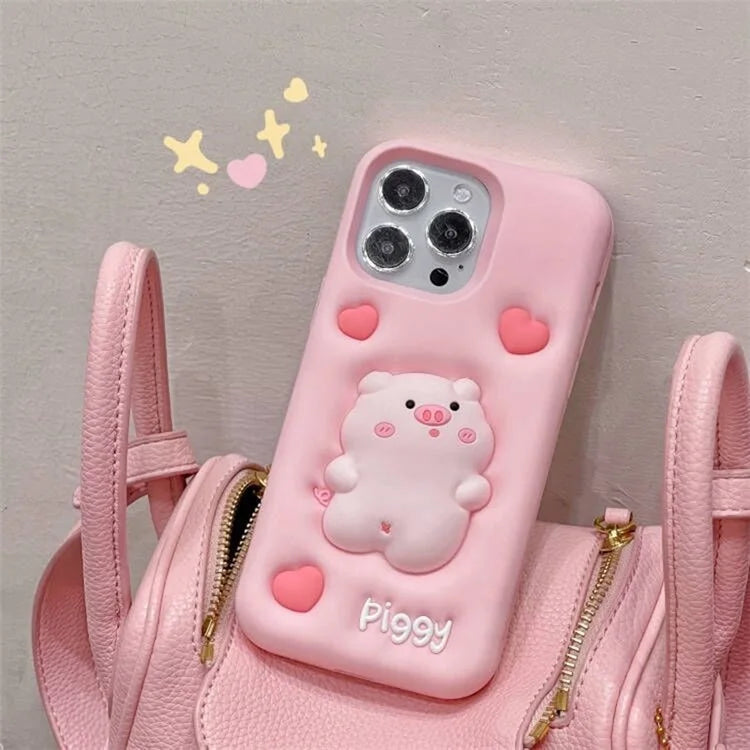 For iPhone 14 Pro Max Back Case Cute Decompression Pig Decor Silicone Phone Cover