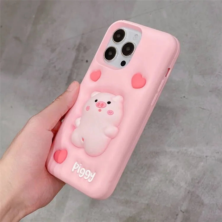 For iPhone 14 Pro Max Back Case Cute Decompression Pig Decor Silicone Phone Cover