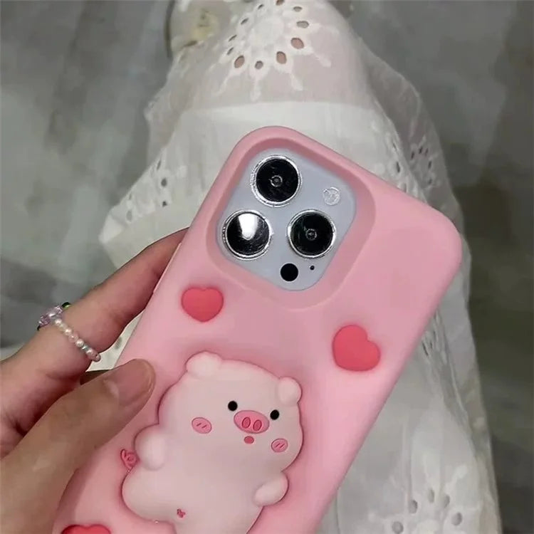 For iPhone 14 Pro Max Back Case Cute Decompression Pig Decor Silicone Phone Cover