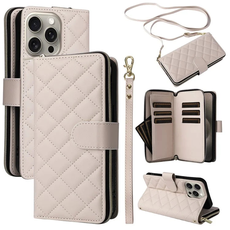 For iPhone 15 Pro Max Case PU Leather Zipper Handbag Purse Flip Phone Cover with Straps