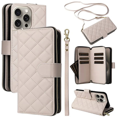 For iPhone 15 Pro Max Case PU Leather Zipper Handbag Purse Flip Phone Cover with Straps