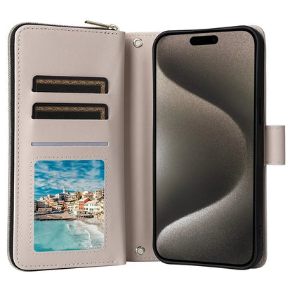 For iPhone 15 Pro Max Case PU Leather Zipper Handbag Purse Flip Phone Cover with Straps
