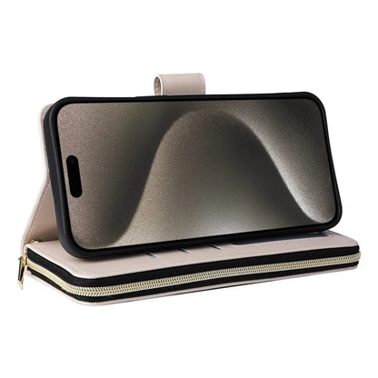 For iPhone 15 Pro Max Case PU Leather Zipper Handbag Purse Flip Phone Cover with Straps