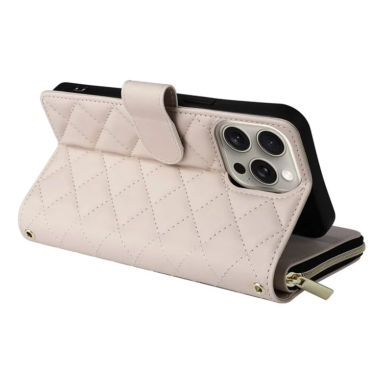 For iPhone 15 Pro Max Case PU Leather Zipper Handbag Purse Flip Phone Cover with Straps