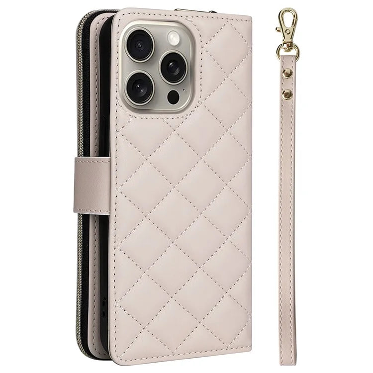 For iPhone 15 Pro Max Case PU Leather Zipper Handbag Purse Flip Phone Cover with Straps