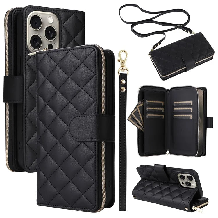 For iPhone 15 Pro Max Case PU Leather Zipper Handbag Purse Flip Phone Cover with Straps