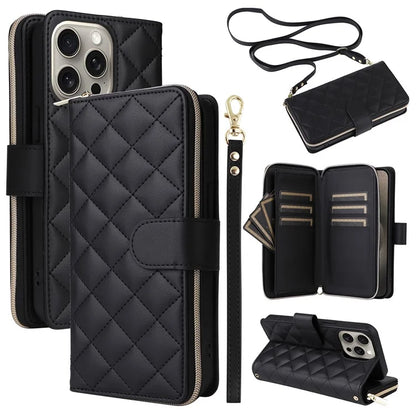 For iPhone 15 Pro Max Case PU Leather Zipper Handbag Purse Flip Phone Cover with Straps